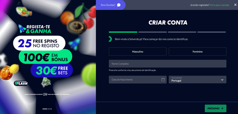 Comece por se registar no casino ao vivo de Portugal