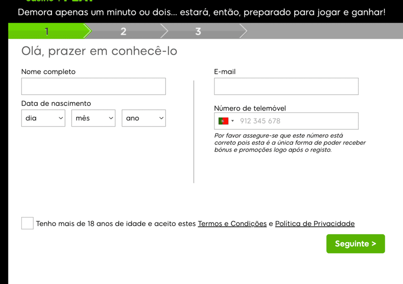 

Formulário de inscrição no site do melhor casino online legal em Portugal.